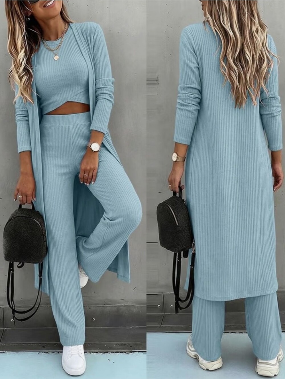 3pcs Knit Set Long Cardigan Criss Cross Crop Tank Top and Pants Lounge Set